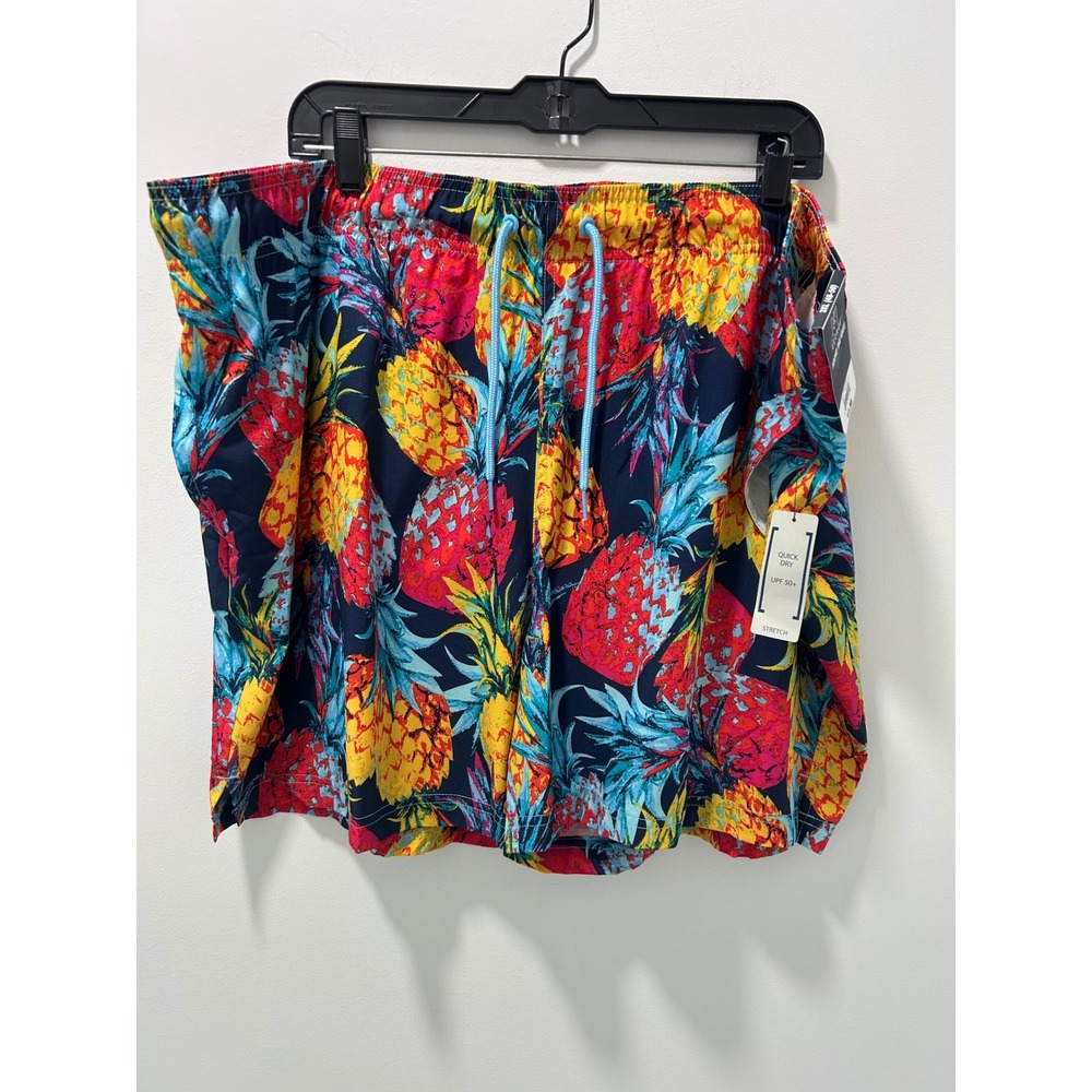 Mens NWT Pineapple Print Swim Trunks 3XL 48-50 Navy Blue Quick Dry Stretch New